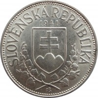 obverse of 20 Korún - St. Kyrill and St. Methodius (1941) coin with KM# 7 from Slovakia. Inscription: SLOVENSKÁ REPUBLIKA 1941 FŠ