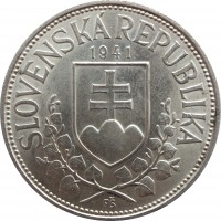 Slovakia coin 20 Korún - St. Kyrill and St. Methodius (1941) obverse obverse of 20 Korún - St. Kyrill and St. Methodius (1941) coin with KM# 7 from Slovakia. Inscription: SLOVENSKÁ REPUBLIKA 1941 FŠ