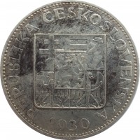 obverse of 10 Korun (1930 - 1933) coin with KM# 15 from Czechoslovakia. Inscription: REPUBLIKA ČESKOSLOVENSKÁ 1930