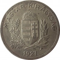 obverse of 1 Pengő - Miklós Horthy (1926 - 1939) coin with KM# 510 from Hungary. Inscription: MAGYAR · KIRALYSAG 1927