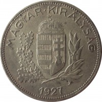 Hungary coin 1 Pengő - Miklós Horthy (1926 - 1939) obverse obverse of 1 Pengő - Miklós Horthy (1926 - 1939) coin with KM# 510 from Hungary. Inscription: MAGYAR · KIRALYSAG 1927