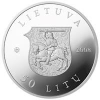 obverse of 50 Litų - 550th Birth Anniversary of St Casimir (2008) coin with KM# 154 from Lithuania. Inscription: LIETUVA 2008 50 LITŲ