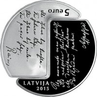 Latvia coin 5 Euro - Rainis and Aspazija (2015) obverse obverse of 5 Euro - Rainis and Aspazija (2015) coin with KM# 165 from Latvia. Inscription: 5 EURO LATVIA 2015
