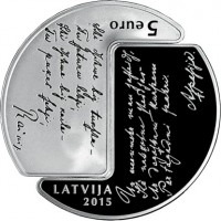 obverse of 5 Euro - Rainis and Aspazija (2015) coin with KM# 165 from Latvia. Inscription: 5 EURO LATVIA 2015