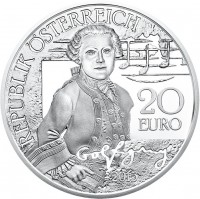obverse of 20 Euro - Wolfgang: The Wunderkind (2015) coin with KM# 3245 from Austria. Inscription: REPUBLIK ÖSTERREICH 20 EURO 2015