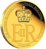 Australia coin 200 Dollars - Elizabeth II - Queen Elizabeth II Longest Reigning Monarch (2015) reverse reverse of 200 Dollars - Elizabeth II - Queen Elizabeth II Longest Reigning Monarch (2015) coin from Australia. Inscription: H.M. QUEEN ELIZABETH II LONGEST REIGNING MONARCH EIIR 2 OZ 9999 GOLD