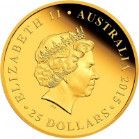 Australia coin 25 Dollars - Elizabeth II - Queen Elizabeth II Longest Reigning Monarch (2015) obverse obverse of 25 Dollars - Elizabeth II - Queen Elizabeth II Longest Reigning Monarch (2015) coin from Australia. Inscription: ELIZABETH II AUSTRALIA 2015 25 DOLLARS