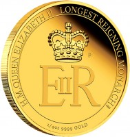 Australia coin 25 Dollars - Elizabeth II - Queen Elizabeth II Longest Reigning Monarch (2015) reverse reverse of 25 Dollars - Elizabeth II - Queen Elizabeth II Longest Reigning Monarch (2015) coin from Australia. Inscription: H.M. QUEEN ELIZABETH II LONGEST REIGNING MONARCH EIIR 1/4 OZ 9999 GOLD