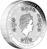 Australia coin 1 Dollar - Elizabeth II - Queen Elizabeth II Longest Reigning Monarch (2015) reverse reverse of 1 Dollar - Elizabeth II - Queen Elizabeth II Longest Reigning Monarch (2015) coin from Australia. Inscription: H.M. QUEEN ELIZABETH II LONGEST REIGNING MONARCH 1 OZ 9999 SILVER