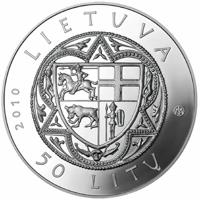 obverse of 50 Litų - 600th Anniversary of the Battle of Grunwald (2010) coin with KM# 181 from Lithuania. Inscription: LIETUVA 2010 50 LITŲ