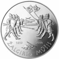 reverse of 50 Litų - 600th Anniversary of the Battle of Grunwald (2010) coin with KM# 181 from Lithuania. Inscription: 1410-2010 ŽALGIRIO MŪŠIS