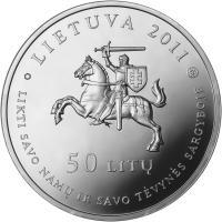 obverse of 50 Litų - 150th birth Anniversary of Gabrielė Petkevičaitė-Bitė (2011) coin with KM# 174 from Lithuania. Inscription: LIETUVA 2011 50 LITŲ LIKIT SAVO NAMŲ IR TĖVYNĖS SARGYBOJE