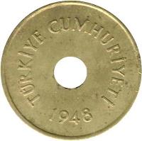Turkey coin 2 1/2 Kuruş (1948 - 1951) obverse obverse of 2 1/2 Kuruş (1948 - 1951) coin with KM# 885 from Turkey. Inscription: TÜRKİYE CUMHURİYETİ 1948