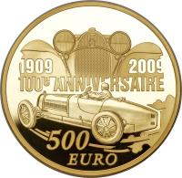 France coin 500 Euro - 100th Anniversary of Ettore Bugatti (2009) reverse reverse of 500 Euro - 100th Anniversary of Ettore Bugatti (2009) coin with KM# 1610 from France. Inscription: 1909 2009 100e ANNIVERSAIRE 500 EURO