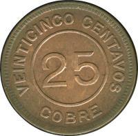 Guatemala coin 25 Centavos - Provisional Coinage (1915) reverse reverse of 25 Centavos - Provisional Coinage (1915) coin with KM# 231 from Guatemala. Inscription: VEINTICINCO CENTAVOS 25 COBRE
