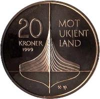 Norway coin 20 Kroner - Harald V - 1000th Anniversary of Leif Ericson in Northamerica (1999) reverse reverse of 20 Kroner - Harald V - 1000th Anniversary of Leif Ericson in Northamerica (1999) coin with KM# 465 from Norway. Inscription: 20 KRONER MOT UKJENT LAND 1999 JEJ