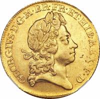 obverse of 2 Guineas - George I (1717 - 1726) coin with KM# 554 from United Kingdom. Inscription: GEORGIVS · D:G · MAG · BR · FR · ET · HIB · REX · F · D ·