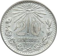 Mexico coin 20 Centavos (1919) reverse reverse of 20 Centavos (1919) coin with KM# 436 from Mexico. Inscription: 20 M CENTAVOS 1919
