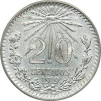 reverse of 20 Centavos (1919) coin with KM# 436 from Mexico. Inscription: 20 M CENTAVOS 1919