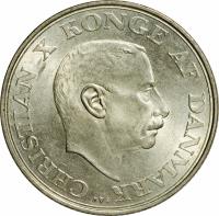 obverse of 2 Kroner - Christian X - 25th Anniversary Reign of Christian X (1937) coin with KM# 830 from Denmark. Inscription: CHRISTIAN X KONGE AF DANMARK N S