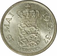 Denmark coin 2 Kroner - Christian X - 25th Anniversary Reign of Christian X (1937) reverse reverse of 2 Kroner - Christian X - 25th Anniversary Reign of Christian X (1937) coin with KM# 830 from Denmark. Inscription: 15 MAI 1912-37 2 KRONER