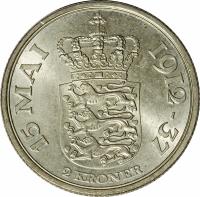 reverse of 2 Kroner - Christian X - 25th Anniversary Reign of Christian X (1937) coin with KM# 830 from Denmark. Inscription: 15 MAI 1912-37 2 KRONER