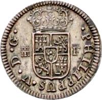 obverse of 1/2 Real - Felipe V (1725 - 1731) coin with KM# 333 from Spain. Inscription: PHILIPPUS.V.D.G
