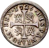 Spain coin 1/2 Real - Felipe V (1725 - 1731) reverse reverse of 1/2 Real - Felipe V (1725 - 1731) coin with KM# 333 from Spain. Inscription: HISPANIARUM.REX.1731