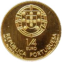 obverse of 1/4 Euro - King Dinis of Portugal (2008) coin with KM# 827 from Portugal. Inscription: REPÚBLICA PORTUGUESA 1/4 EURO INCM - Au 999‰ 1/20 oz ISABEL C. - F. Branco