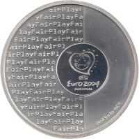 reverse of 8 Euro - The Values of Football: Fair Play (2003) coin with KM# 752a from Portugal. Inscription: Euro 2004 PORTUGAL José Simão · INCM