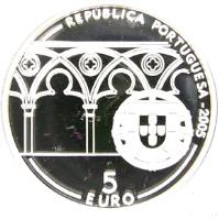 obverse of 5 Euro - 800th Anniversary of the Birth of Pope John XXI (2005) coin with KM# 762a from Portugal. Inscription: REPUBLICA PORTUGUESA - 2005 5 EURO