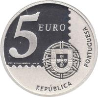 obverse of 5 Euro - 150th Anniversary of the First Portuguese Postage Stamp (2003) coin with KM# 749a from Portugal. Inscription: 5 EURO VÍTOR SANTOS INCM REPÚBLICA PORTUGUESA