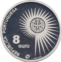 Portugal coin 8 Euro - 2004 Enlargement of the European Union (2004) obverse obverse of 8 Euro - 2004 Enlargement of the European Union (2004) coin with KM# 753a from Portugal. Inscription: REPÚBLICA PORTUGUESA 8 euro JJ Brito INCM