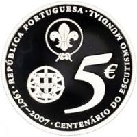 obverse of 5 Euro - World Scouting Centennial (2007) coin with KM# 770a from Portugal. Inscription: REPÚBLICA PORTUGUESA 5 € · 1907-2007 · CENTENÁRIO DO ESCUTISMO MUNDIAL ·
