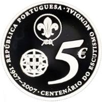 Portugal coin 5 Euro - World Scouting Centennial (2007) obverse obverse of 5 Euro - World Scouting Centennial (2007) coin with KM# 770a from Portugal. Inscription: REPÚBLICA PORTUGUESA 5 € · 1907-2007 · CENTENÁRIO DO ESCUTISMO MUNDIAL ·