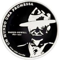 Portugal coin 5 Euro - World Scouting Centennial (2007) reverse reverse of 5 Euro - World Scouting Centennial (2007) coin with KM# 770a from Portugal. Inscription: UM MUNDO UMA PROMESA BADEN-POWELL 1857-1941 INCM-JOÃO CALVIÑO