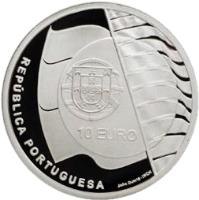 obverse of 10 Euro - ISAF Sailing World Championship 2007 in Cascais (2007) coin with KM# 823a from Portugal. Inscription: 10 EURO REPÚBLICA PORTUGUESA João Duarte · INCM