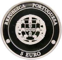 obverse of 5 Euro - UNESCO World Heritage Sites: Central Zone of the Town of Angra do Heroísmo (2005) coin with KM# 760a from Portugal. Inscription: REPÚBLICA PORTUGUESA 5 EURO