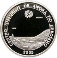 reverse of 5 Euro - UNESCO World Heritage Sites: Central Zone of the Town of Angra do Heroísmo (2005) coin with KM# 760a from Portugal. Inscription: CENTRO HISTÓRICO DE ANGRA DO HEROÍSMO PATRIMONIO MUNDIAL UNESCO INCM 2005