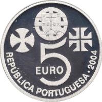 obverse of 5 Euro - UNESCO World Heritage Sites: Convent of Christ in Tomar (2004) coin with KM# 754a from Portugal. Inscription: 5 EURO REPÚBLICA PORTUGUESA · 2004