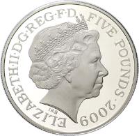 United Kingdom coin 5 Pounds - Elizabeth II - London Olympics 2012 A Celebration of Great Britain: Stonehenge - 4'th Portrait (2009) obverse obverse of 5 Pounds - Elizabeth II - London Olympics 2012 A Celebration of Great Britain: Stonehenge - 4'th Portrait (2009) coin with KM# 1145 from United Kingdom. Inscription: ELIZABETH · II · D · G · REG · F · D FIVE POUNDS · 2009 IRB