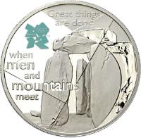 United Kingdom coin 5 Pounds - Elizabeth II - London Olympics 2012 A Celebration of Great Britain: Stonehenge - 4'th Portrait (2009) reverse reverse of 5 Pounds - Elizabeth II - London Olympics 2012 A Celebration of Great Britain: Stonehenge - 4'th Portrait (2009) coin with KM# 1145 from United Kingdom. Inscription: london TM Great thing are done when men and mountains meet