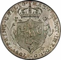 Italian States coin 1 Piastra - Joseph Napoleon (1806 - 1808) reverse reverse of 1 Piastra - Joseph Napoleon (1806 - 1808) coin with KM# 248 from Italian States. Inscription: PRINC. GALLIC. MAGN. ELECT. IMP. · 1808 · G.120