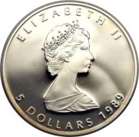 obverse of 5 Dollars - Elizabeth II - Silver Bullion; 2'nd Portrait (1988 - 1989) coin with KM# 163 from Canada. Inscription: ELIZABETH II 5 DOLLARS 1989