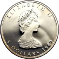 Canada coin 5 Dollars - Elizabeth II - Silver Bullion; 2'nd Portrait (1988 - 1989) obverse obverse of 5 Dollars - Elizabeth II - Silver Bullion; 2'nd Portrait (1988 - 1989) coin with KM# 163 from Canada. Inscription: ELIZABETH II 5 DOLLARS 1989