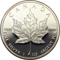 Canada coin 5 Dollars - Elizabeth II - Silver Bullion; 2'nd Portrait (1988 - 1989) reverse reverse of 5 Dollars - Elizabeth II - Silver Bullion; 2'nd Portrait (1988 - 1989) coin with KM# 163 from Canada. Inscription: CANADA 9999 9999 FINE SILVER 1 OZ ARGENT PUR