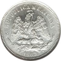 obverse of 25 Centavos (1869 - 1892) coin with KM# 406 from Mexico. Inscription: REPUBLICA MEXICANA 1889