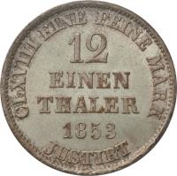 German States coin 1/12 Thaler - Georg V (1852 - 1853) reverse reverse of 1/12 Thaler - Georg V (1852 - 1853) coin with KM# 219 from German States. Inscription: CLXVIII EINE FEINE MARK 12 EINEN THALER 1853 JUSTIRT