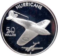 Marshall Islands coin 50 Dollars - WW2 Fighter Planes: British Hurricane (1991) reverse reverse of 50 Dollars - WW2 Fighter Planes: British Hurricane (1991) coin with KM# 74 from Marshall Islands. Inscription: HURRICANE 50 FIFTY DOLLARS