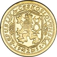 Czechoslovakia coin 2 Dukáty (1923 - 1951) obverse obverse of 2 Dukáty (1923 - 1951) coin with KM# 9 from Czechoslovakia. Inscription: REPUBLIKA ČESKOSLOVENSKÁ 19 · 2 · 37